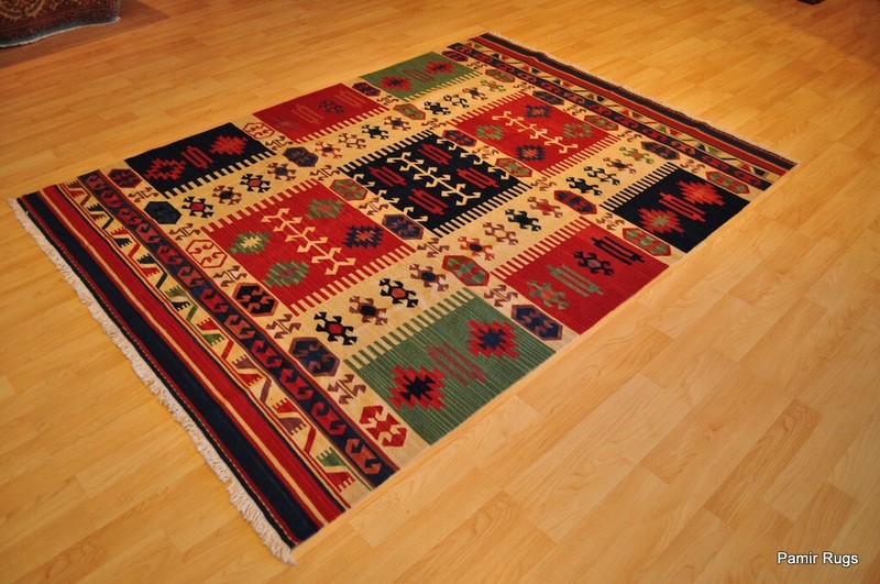 Southwestern Wool ***kilim*** area rug 5x7 handmade red and blue NAVAJO DESIGN gallery