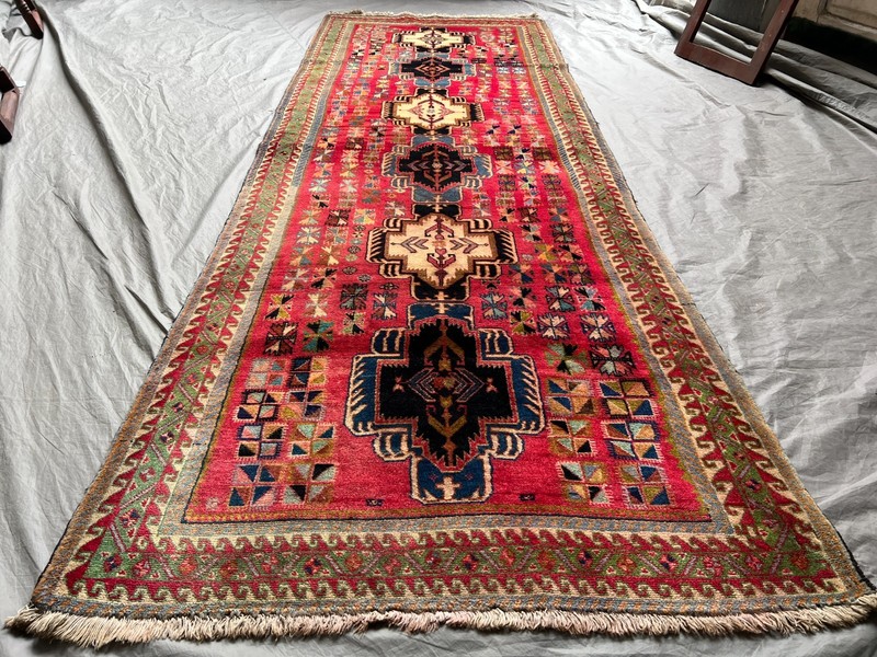 3'2x9'3 ft Vintage Caucasian Kazak Hand Knotted Wool Red Tribal Medallion Runner gallery