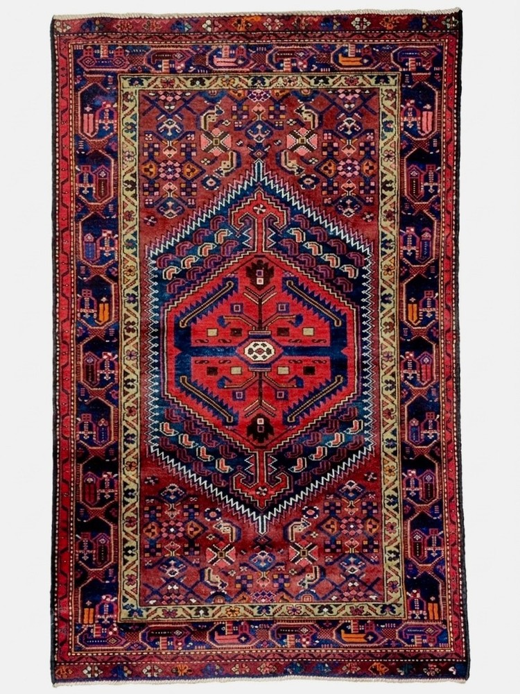 Vintage Hand Knotted Tribal Wool Area Rug 4x7 Rust Navy Blue Geometric Oriental