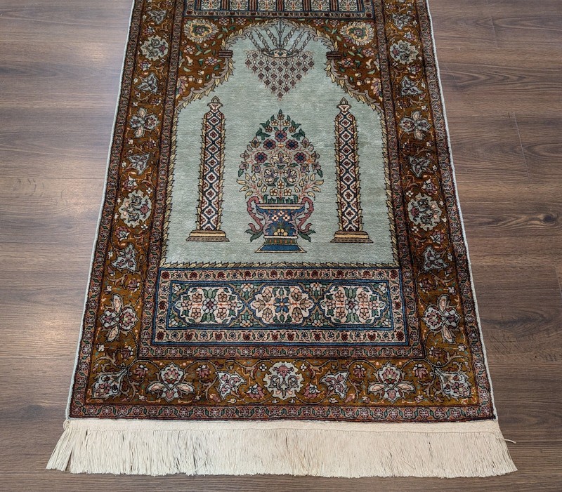 Silk Turkish Kayseri Prayer Rug, Light Mint Green, Fine 360 KPSI, Handmade gallery