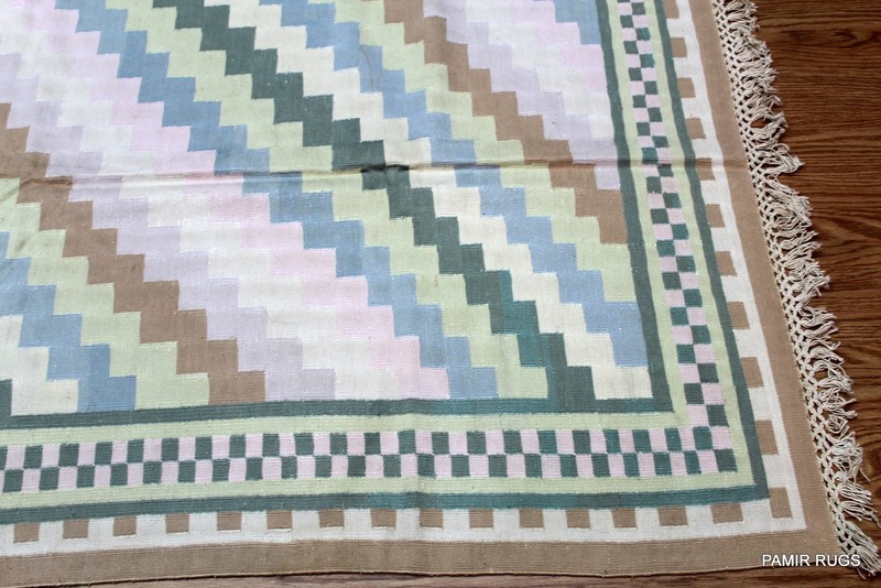 SOUTHWESTERN STYLE Hand made 8X10 WOVEN LIGHT BLUE BEIGE & KHAKI Navajo design gallery