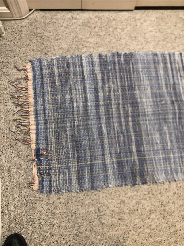 VTG HAND LOOMED DENIM RAG FLOOR RUG BLUE FARMHOUSE 1970s USA 26 1/2 X 90" AS IS gallery