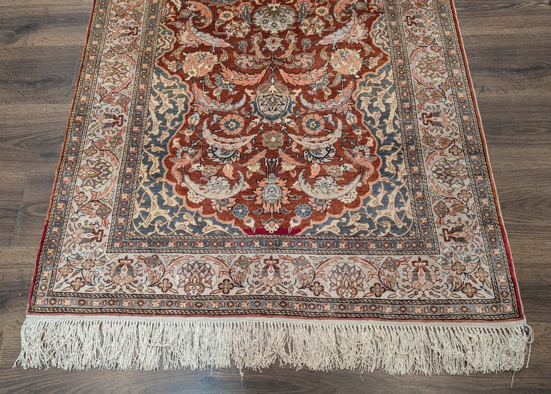 Turkish Hereke Rug 3x5, Fine Hand-Knotted Silk Carpet, Rust Red & Green gallery