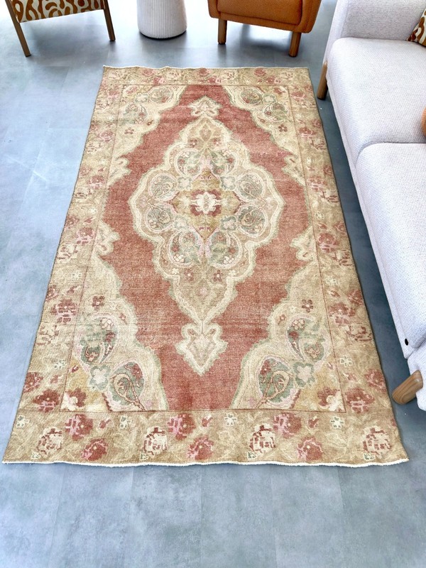 4.7'x8.5' Vintage Turkish Oushak Rug, Area Rug, Red Beige Rug, Handmade Wool Rug gallery