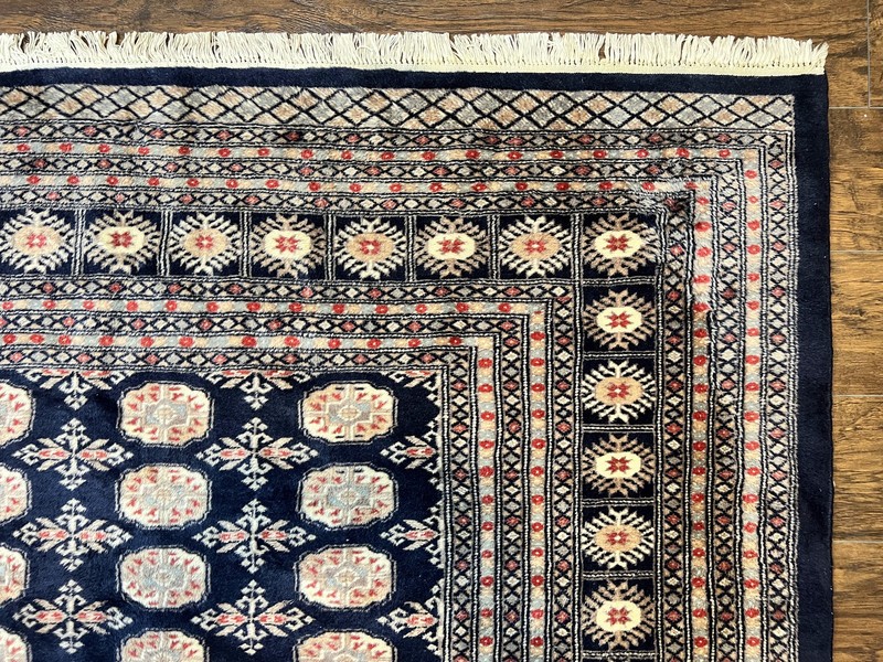 Pakistani Bokhara Rug 8x10 Turkoman Carpet Dark Blue Beige Vintage Handmade Wool gallery