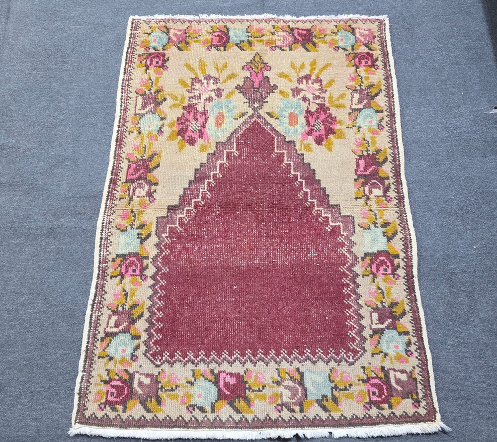 Vintage Turkish Prayer Rug 3x4 Hand Knotted Wool Floral Carpet