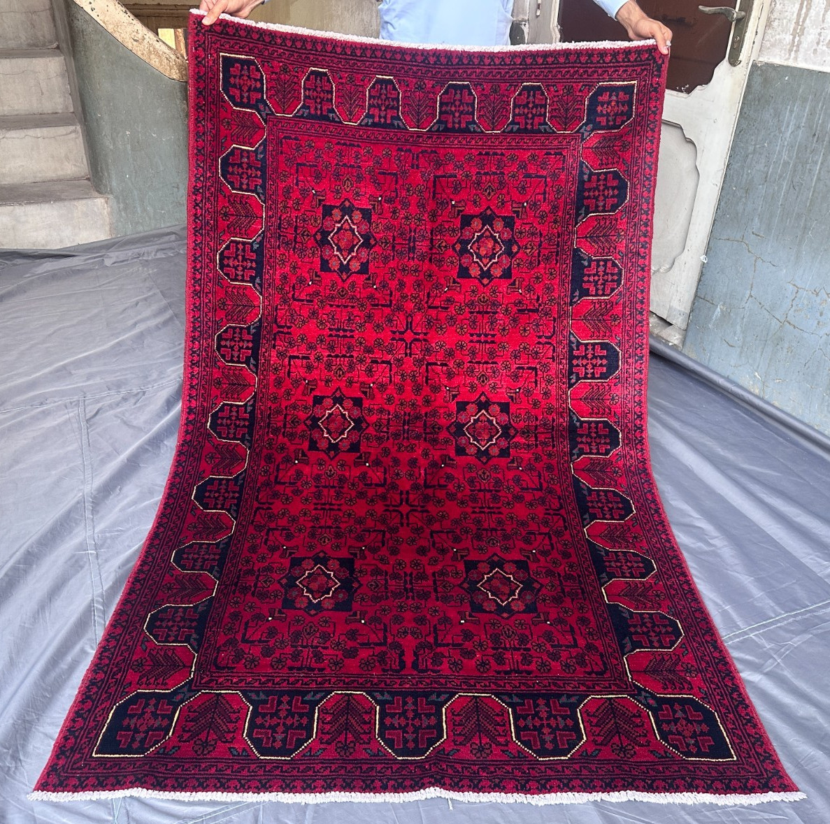 Hand Knotted Afghan Turkmen Rug Khal Mohammadi Red Geometric Decor 4'x6'4 gallery