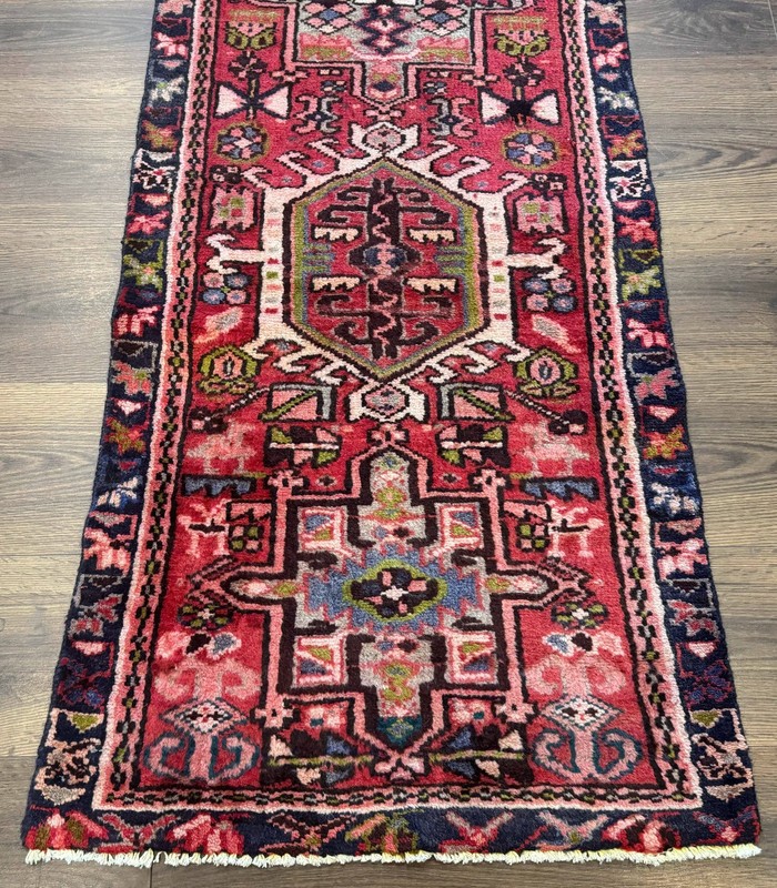 Heriz Karajeh Runner Rug 2x9 Geometric Medallions Red Navy Blue gallery