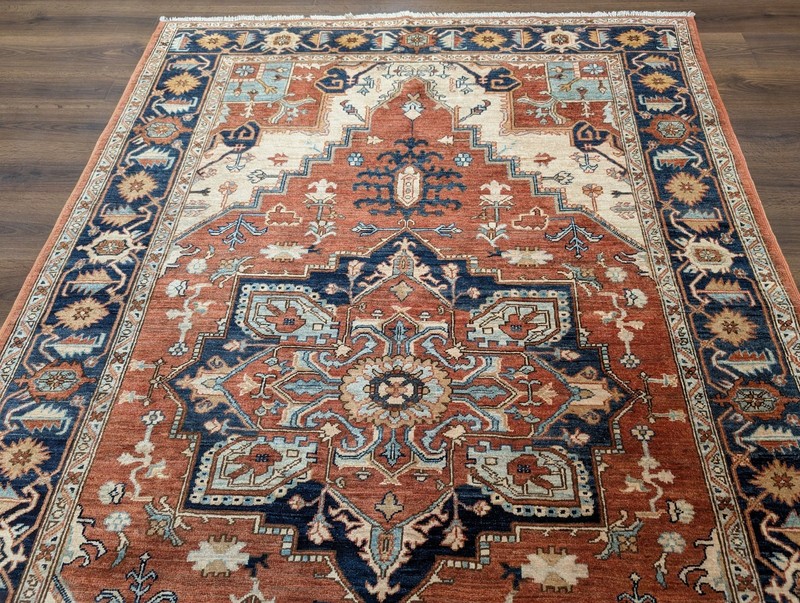Turkish Heriz Serapi Rug 6x9, Geometric Medallion, Terracotta and Navy Blue gallery