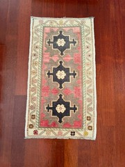 Triple Medallion 2×3 Pink Charcoal Wool Hand Knotted Vintage Turkish Rug Mat