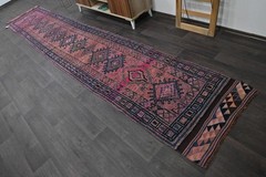 Vintage Turkish Runner Rug 3x14ft PURPLE Handmade Anatolian Oushak Hallway Wool