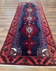 Per’sian Runner Rug 3.6 x 9.5 Geometric Medallions Tribal Village Rug Navy Blue