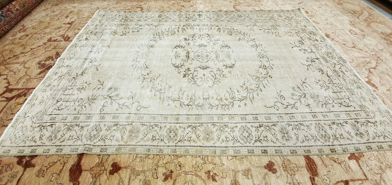 Rare Antique 1930-1939s Wool Pile Sage Green Dye Distressed Oushak Rug 6x8ft gallery