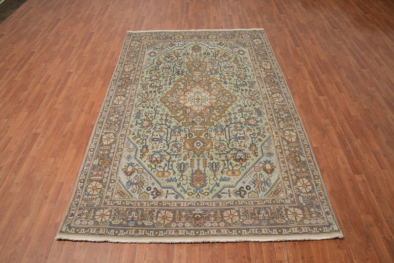 Mint Green Wool Traditional Distressed Area Rug 7x10 ft Hand-knotted Vintage Rug gallery