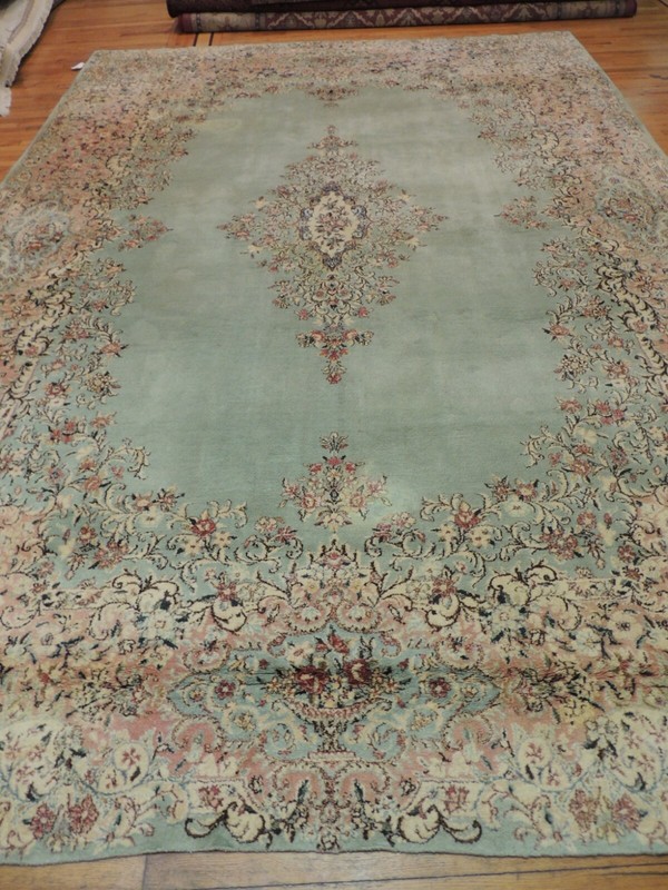 10x14 Antique Kermaan Oriental Area Rug wool Pastel Green Pink Salmon gallery