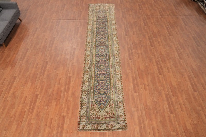 Pre-1900 Handmade Runner Rug Blue Wool 16 ft Traditional Antique Carpet 3x16 gallery