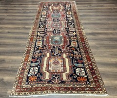 Unique Tribal Runner Rug 4×10 Antique Wool Handmade Midnight Blue Red Animals
