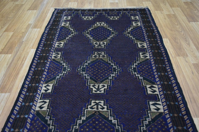 3x10 Vintage Brown Blue Tribal Handmade Afghan Geometric Baluchi Runner Rug, gallery