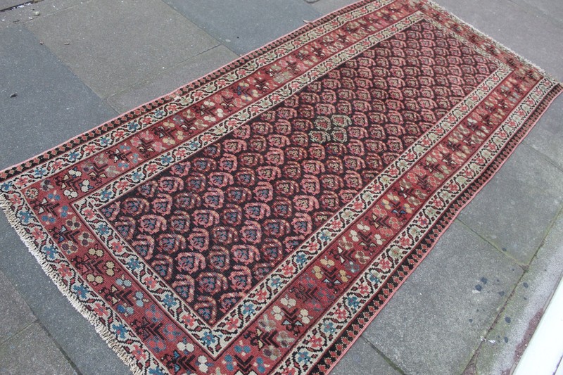 Antique Worn Hand Made Traditional Oriental Wool Brown Pink Large Rug 234x113cm gallery