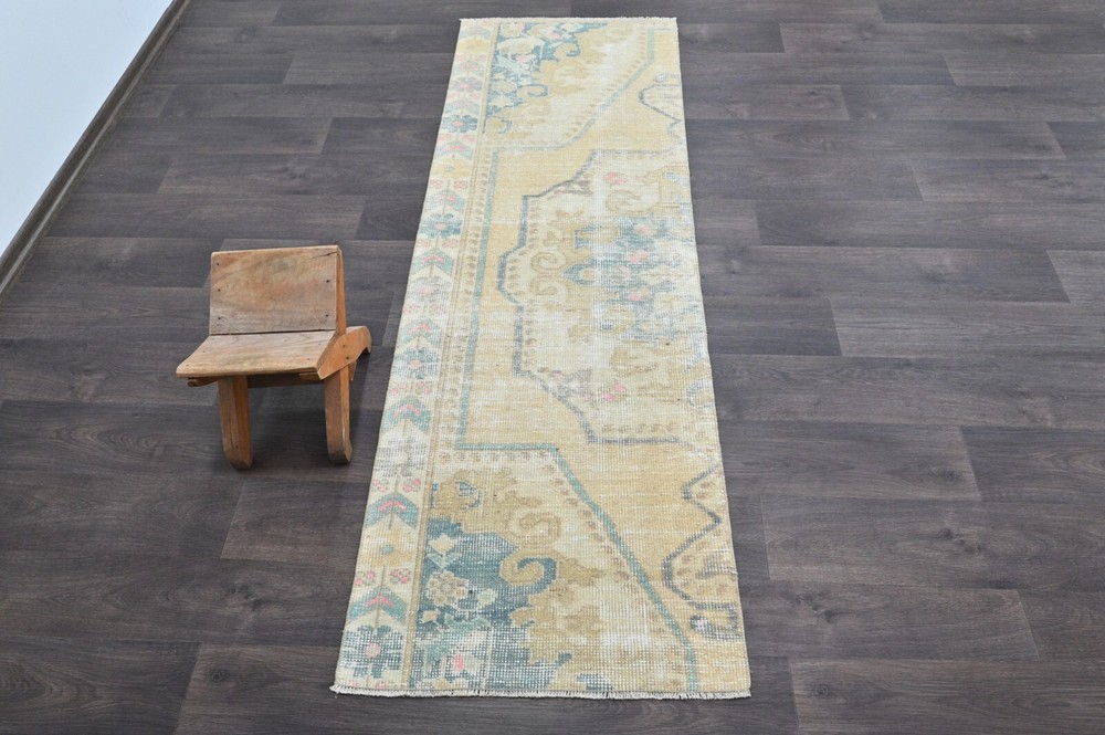 Vintage Turkish Runner Rug 2x7ft Wool Anatolian Handmade Hallway Oushak BEIGE