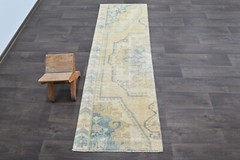 Vintage Turkish Runner Rug 2x7ft Wool Anatolian Handmade Hallway Oushak BEIGE