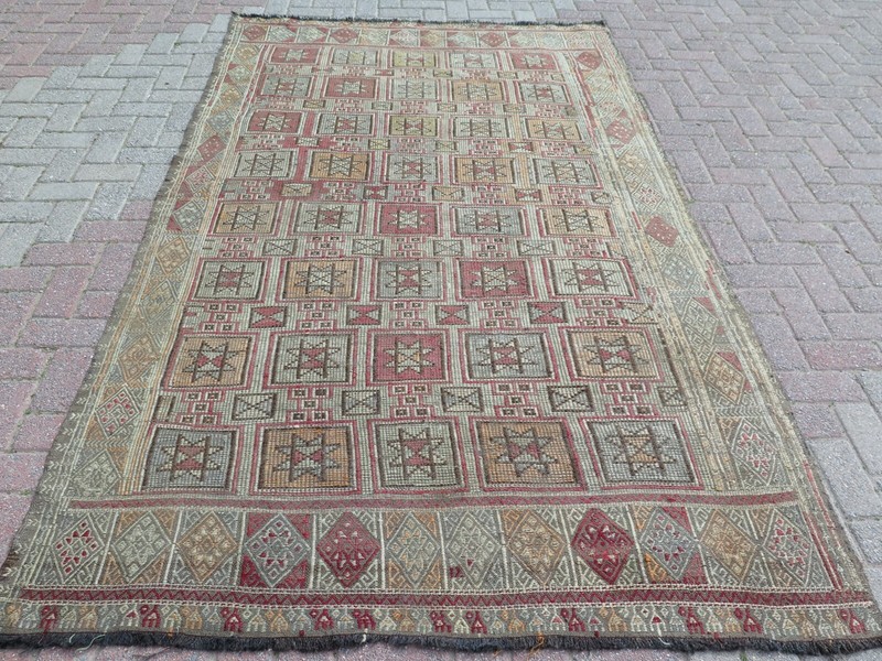Star Motifs Pale Colors Home Decor Carpet, Vintage Turkish Nomads Rug 63"X105" gallery