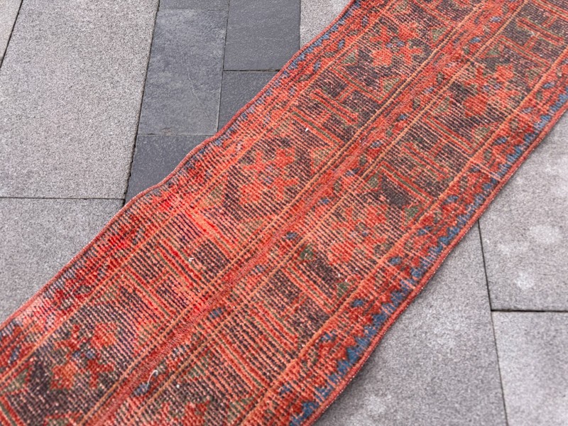 Vintage Turkish Runner Rug 1.5x11.6 ft Red Blue Oushak Hallway Rug gallery