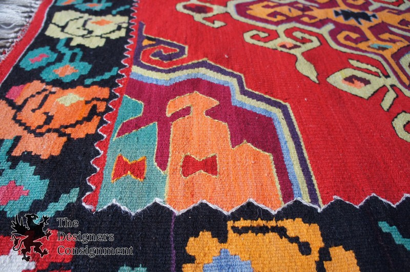 Semi Antique 4'9" x 7'4" Turkish 100% Wool Kilim Area Rug Mat Red Roses Floral gallery