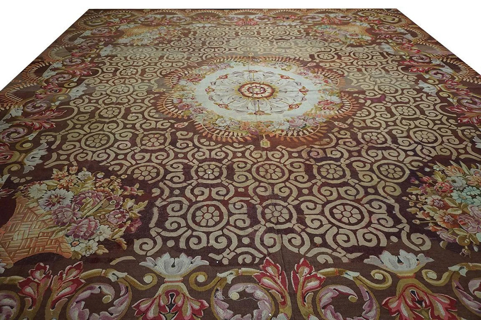 15x15 Antique Aubusson Brown Wool Area Rug 1810 gallery