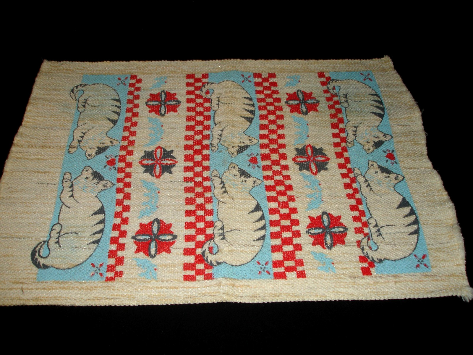 Vintage Hand Woven Cat Rug 22x30 Black & White Cats w/Red White Blue Background gallery