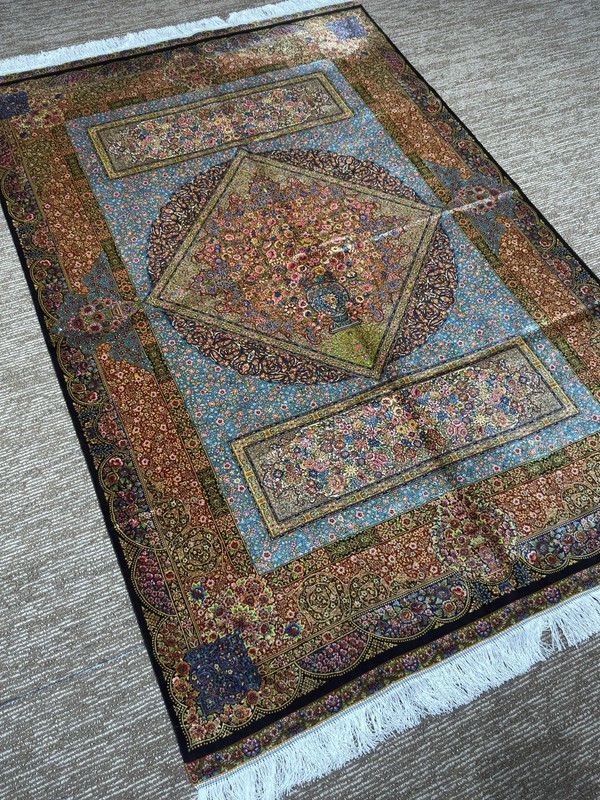 Luxury Bamboo Silk Pers,ian Rug 1.50x2.25m Turquoise Medallion Floral Carpet gallery