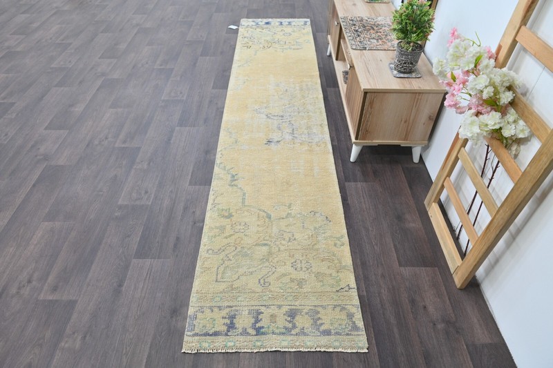 Vintage Turkish Runner Rug 2x10ft BEIGE Handmade Anatolian Oushak Hallway Wool gallery