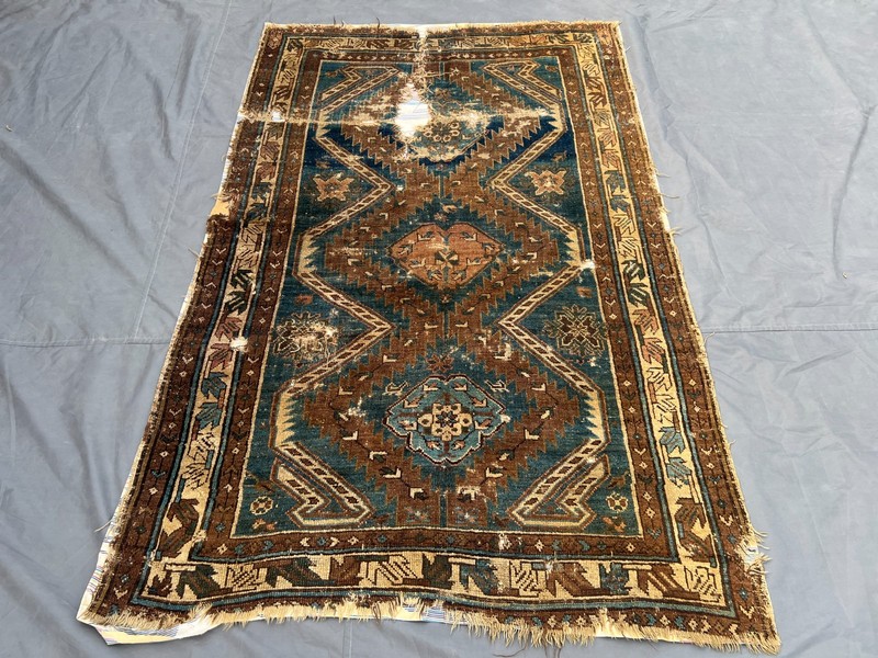 Blue Brown Distressed Low Pile Rug Hand Knotted Tribal Vintage Antique Carpet gallery