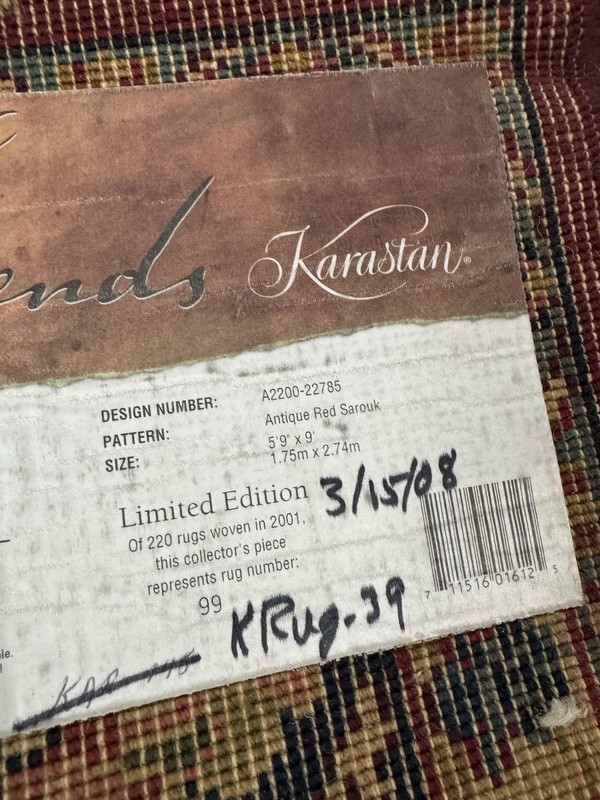 Karastan Antique Legends Coll.-Limited editions Antique Red Sarouk Rug 5'9x9 NEW gallery