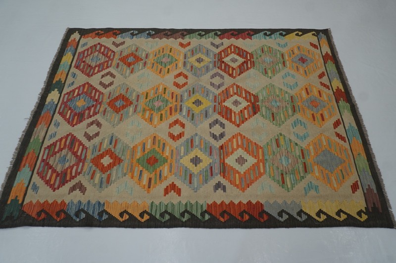 5x7 ft Beige Afghan Hand Woven Wool Reversible Kilim Rug 5'x6'8" gallery