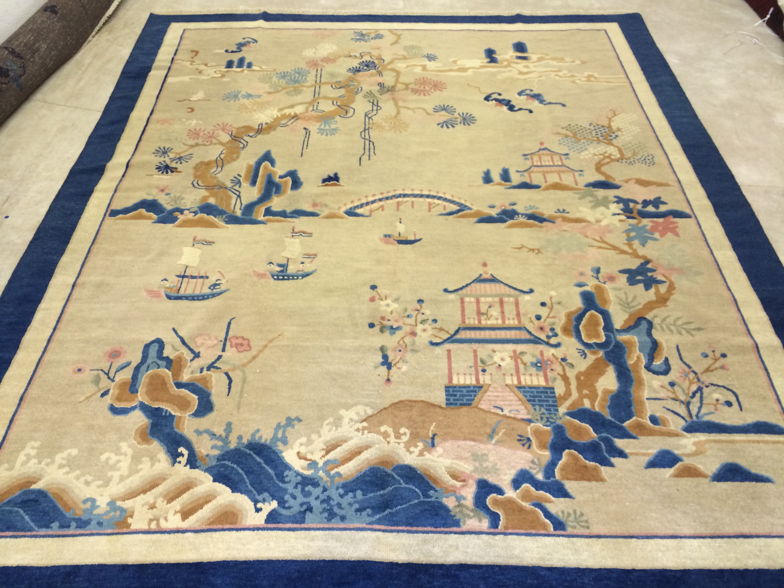 Unique blue and tan Art Deco antique Peking oriental rug from China gallery