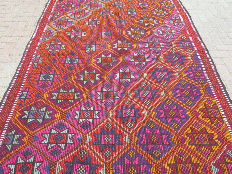 Turkish Kilim Boho Rugs, Handmade Floor Carpet, Multicolor Large Kelim 71"X104" gallery