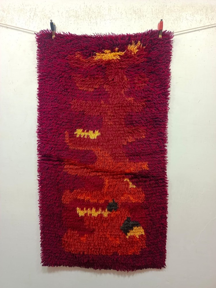 Vintage Beautiful Hand Knotted Mid Century Swedish Rya Shag Rug Carpet 102x55 Cm
