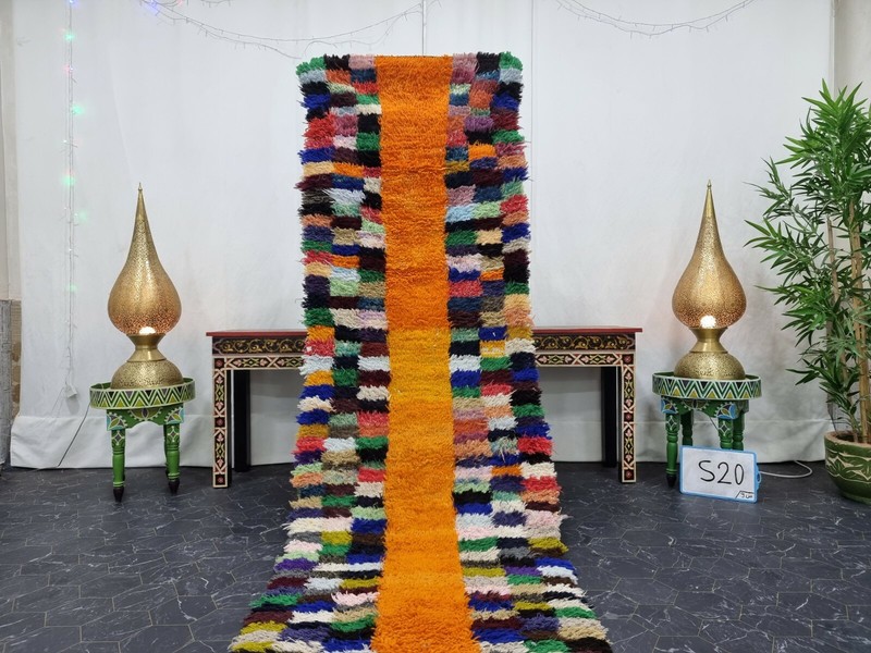 Moroccan Handmade Vintage Rug 2'6"x9'7" Berber Checkered Orange Blue Carpet gallery