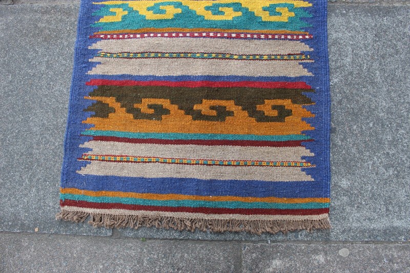 Vintage Traditional Hand Made Oriental Wool Blue Brown Small Kilim 98x63cm gallery