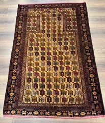 Per’sian Baluchi Prayer Rug 3×5 – Repeated Boteh Design, Golden-Tan Wool Carpet