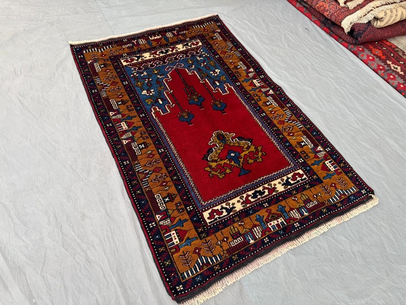 3x4'5 ft Vintage Turkish Hand-Knotted Prayer Rug Red and Mustard Gold Decor Rug gallery