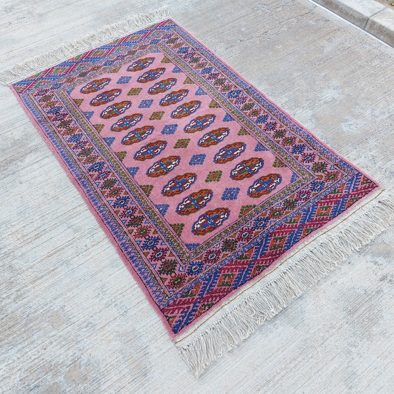 2'7"x4' Handmade Turkmen Pink Wool Bukhara Rug, 80x122cm Oriental Carpet gallery
