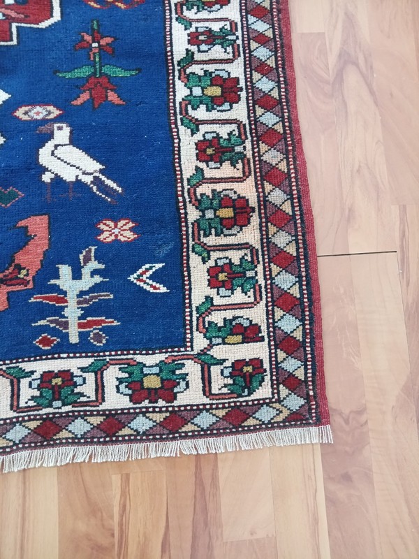 Antique Blue Runner Rug, Damaged Bird Handmade Wool Rug Rare Specil Carpet Rug D gallery