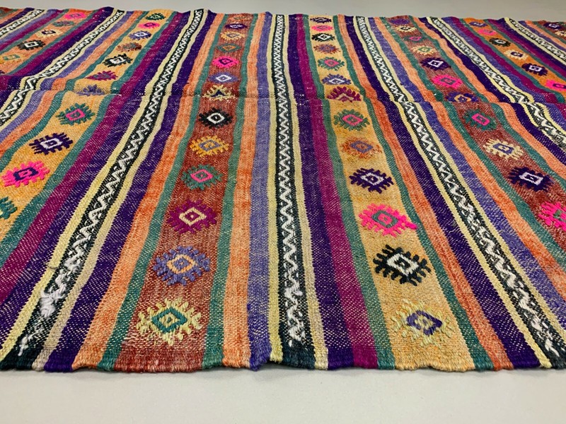 Colourful Vintage Turkish Kilim 318x138 cm Kelim Rug Wool Red Green Black Large gallery