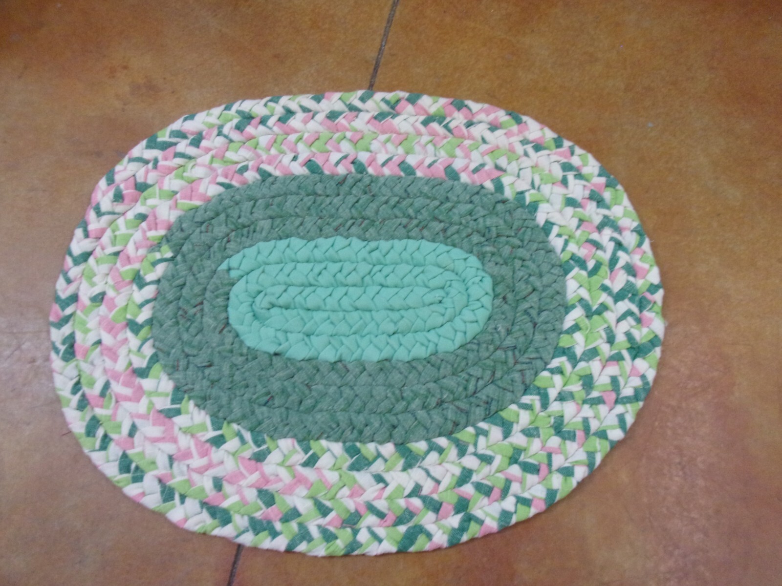 Handmade Vintage Braided Rug - New/Unused - 26" Long X 21" Wide - Green/Pink gallery