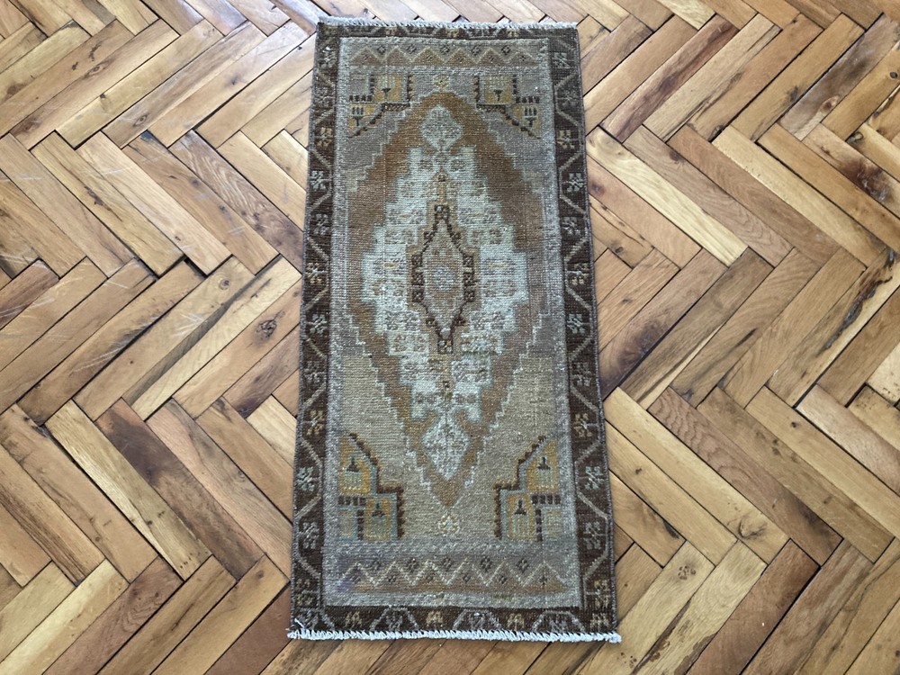 Vintage Turkish Wool Bath Rug 1.4 x 3.1 Ft Brown Handwoven Oriental Small Carpet