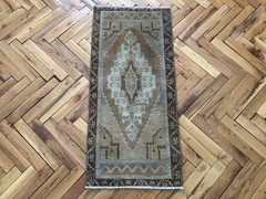 Vintage Turkish Wool Bath Rug 1.4 x 3.1 Ft Brown Handwoven Oriental Small Carpet