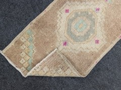 1×2 Ft Vintage Beige Door Mat, Turkish Oushak Wool Bathroom Neutral Area Rug