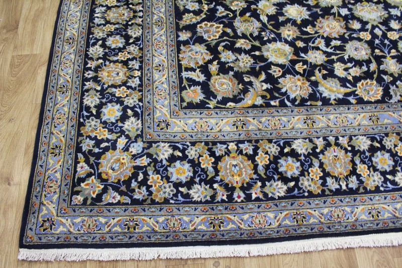 Large Fine Keshan Rug 405x302cm Hand Knotted Wool Signed Blue Floral Medallion gallery